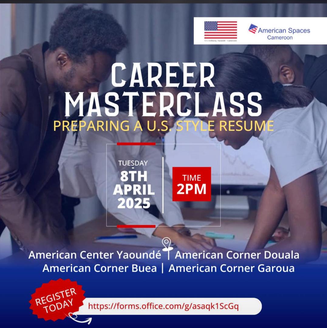 CIPMindset's tweet photo. Join the US Embassy at the American Centre in Yaoundé for a Career Masterclass. 

Interested? 

Register here: 
https://t.co/TLxpAH49OC https://t.co/AK1lU3Dho1