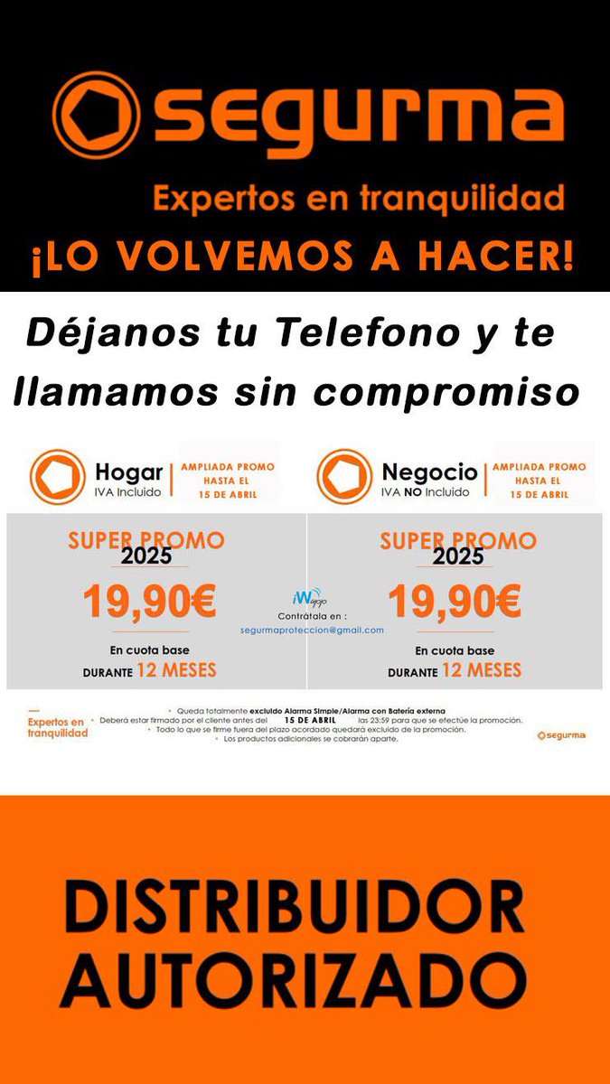 ¡Lo volvemos ha hacer!, ampliamos la promo hasta el 15 de Abril, 19,90€/mes durante 12 meses e instalación incluida .
Déjanos tu teléfono o envíanos un mail a segurmaproteccion@gmail.com y te llamamos sin compromiso.