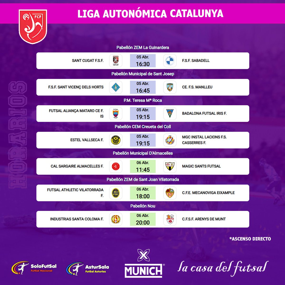 Solo-FutSal (@solofutsal_) on Twitter photo 🟣 DIVISIÓN DE HONOR FEMENINA CATALUNYA
📆 20ª JORNADA / ⏰ HORARIOS
✍️ Consulta los horarios de la jornada
📎 solo-futsal.es/liga-autonomic…
🔀 Visita los perfiles de los equipos de la categoría
<a href="/Futsal_Mataro/">CE Futsal Mataró</a> <a href="/FSSabadellFem/">FS Sabadell Femení</a> <a href="/FSSANTCUGAT/">FS Sant Cugat</a> <a href="/MagicSants/">Màgic Sants Futsal</a> <a href="/AthVilatorrada/">Futsal Athletic Vilatorrada</a> #FutSalSeros 🟣 DIVISIÓN DE HONOR FEMENINA CATALUNYA
📆 20ª JORNADA / ⏰ HORARIOS
✍️ Consulta los horarios de la jornada
📎 solo-futsal.es/liga-autonomic…
🔀 Visita los perfiles de los equipos de la categoría
<a href="/Futsal_Mataro/">CE Futsal Mataró</a> <a href="/FSSabadellFem/">FS Sabadell Femení</a> <a href="/FSSANTCUGAT/">FS Sant Cugat</a> <a href="/MagicSants/">Màgic Sants Futsal</a> <a href="/AthVilatorrada/">Futsal Athletic Vilatorrada</a> #FutSalSeros