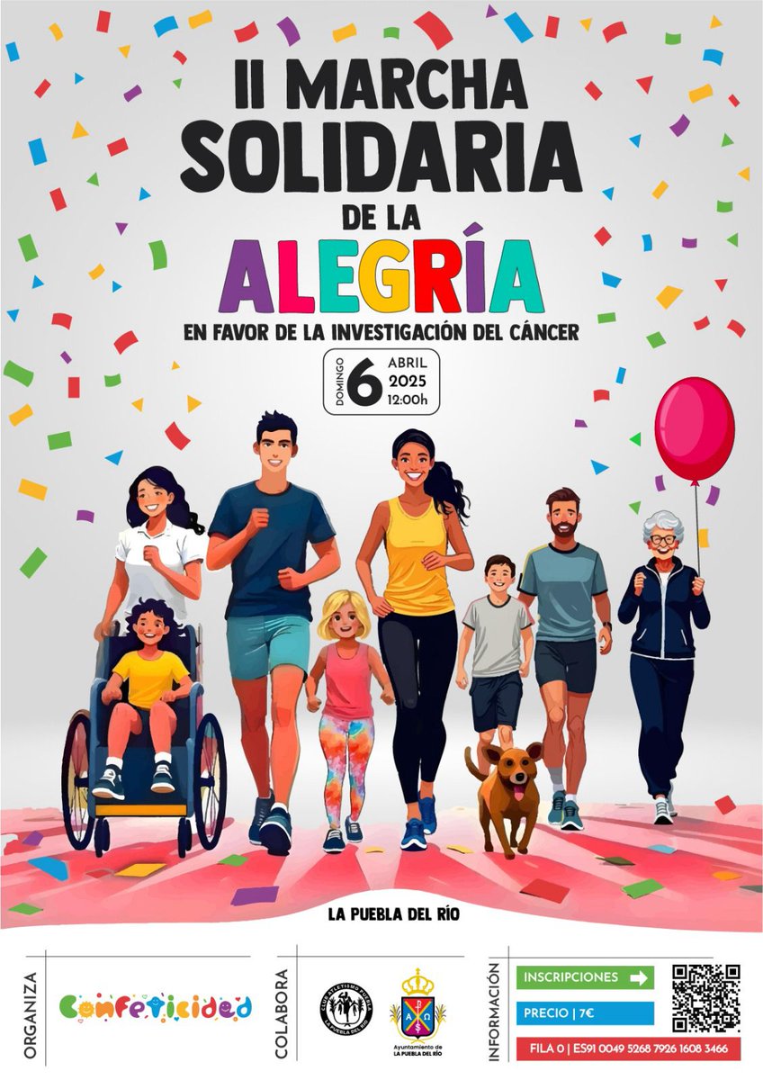 🎉 Este domingo 6 de abril, en La Puebla del Río (Sevilla), se celebrará la II Marcha #Solidaria de la Alegría en favor de la #investigación del #cáncer, una iniciativa organizada por la asociación <a href="/Confeticidad/">Confeticidad</a>.

La recaudación se destinará a una BECA DE INVESTIGACIÓN para SAOM.