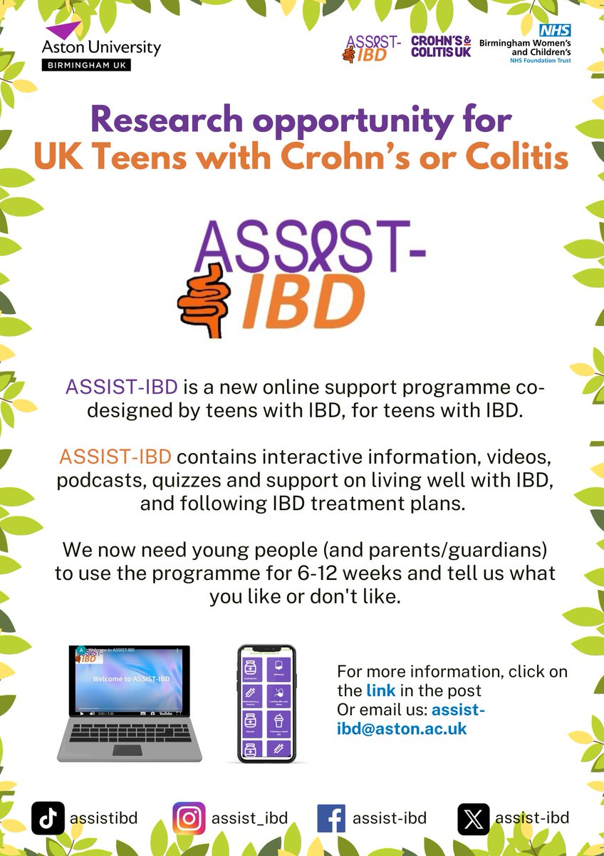 Research opportunity for UK teens with Crohn's or Colitis!  

We've developed a new web support programme, ASSIST-IBD to help teens live well with IBD. We need you to try it out and tell us what you think!   

Click link for more info: astonpsychology.eu.qualtrics.com/jfe/form/SV_5B…