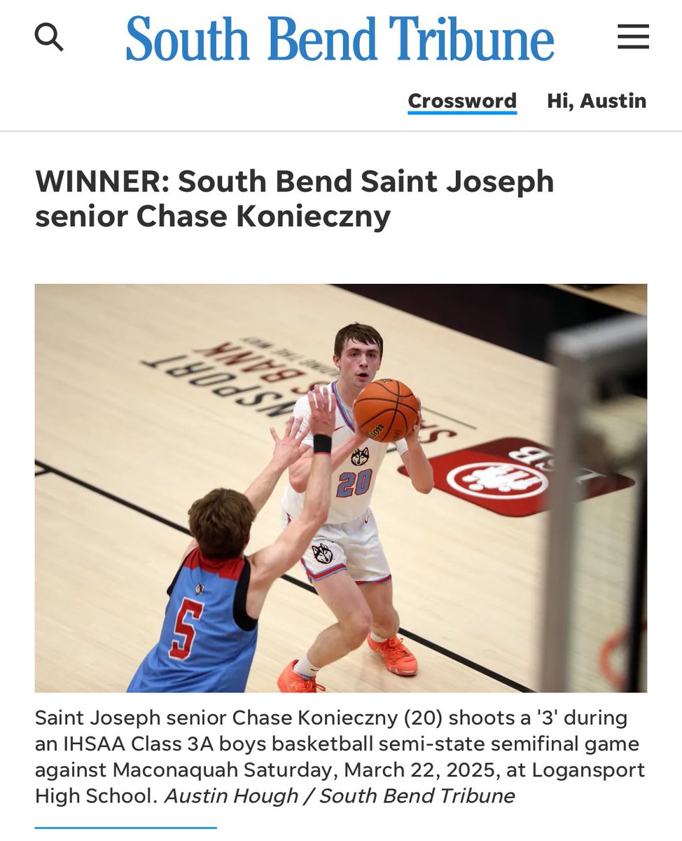 Congratulations to <a href="/SJhoopsquad/">SB Saint Joe Basketball</a>'s <a href="/ChaseKonieczny/">Chase Konieczny</a> for winning the 2024-25 <a href="/SBTsports/">South Bend Tribune Sports</a> Boys Basketball Player of the Year fan poll! Our official Tribune staff pick for POTY, Coach of the Year and All-Area team will come out next week. More here: southbendtribune.com/story/sports/h…