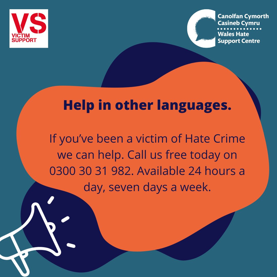 We can provide an interpretation service for people who do not speak English as a first language.
0300 30 31 982

reporthate.victimsupport.org.uk/report-a-hate-…

#SayNoToHate #HateCrime #NoHateCrime