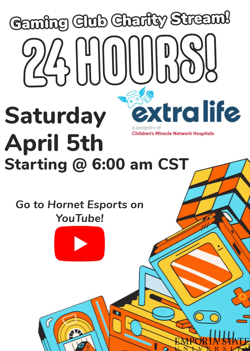 Hornet Esports (@esu_esports) on Twitter photo 🌻It's that time of year again - ESU Gaming Club alongside <a href="/ExtraLife4Kids/">Extra Life</a> will be bringing you family fun for kid's cancer awareness & fundraising!🌻
Join us on our YouTube at: youtube.com/@hornetesports
👀See you all there! #charity #gaming #streaming 🌻It's that time of year again - ESU Gaming Club alongside <a href="/ExtraLife4Kids/">Extra Life</a> will be bringing you family fun for kid's cancer awareness & fundraising!🌻
Join us on our YouTube at: youtube.com/@hornetesports
👀See you all there! #charity #gaming #streaming