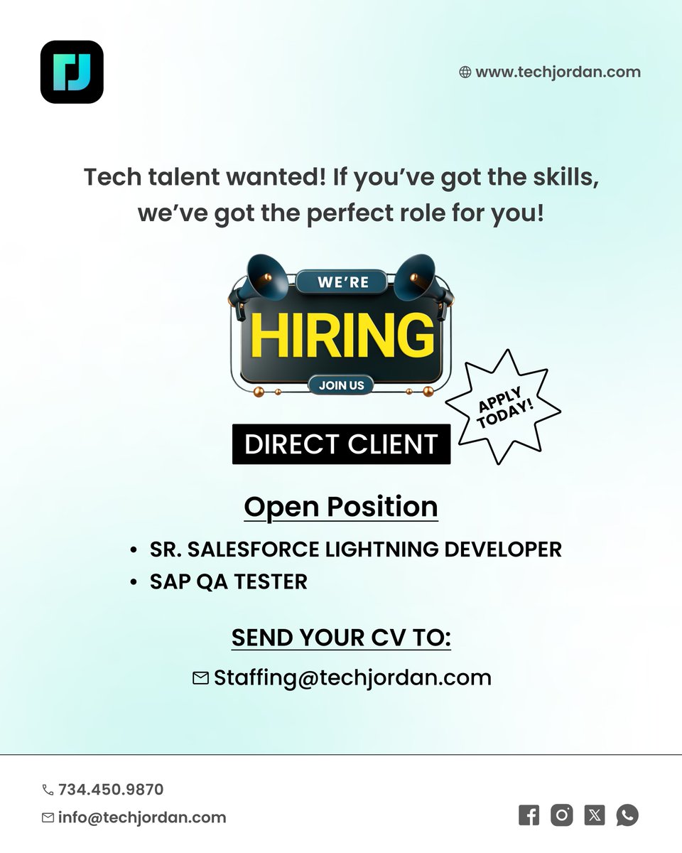 TechjordanLLC's tweet image. We&apos;re Hiring! Join Our Team Today!
Tech Jordan is looking for skilled professionals to fill the following roles:

Sr. Salesforce Lightning Developer
📍 Location: Auburn Hills, MI (Hybrid)
SAP QA Tester
📍 Location: Dimondale, MI (Hybrid)

#Hiring #Salesforce #SalesforceLightning