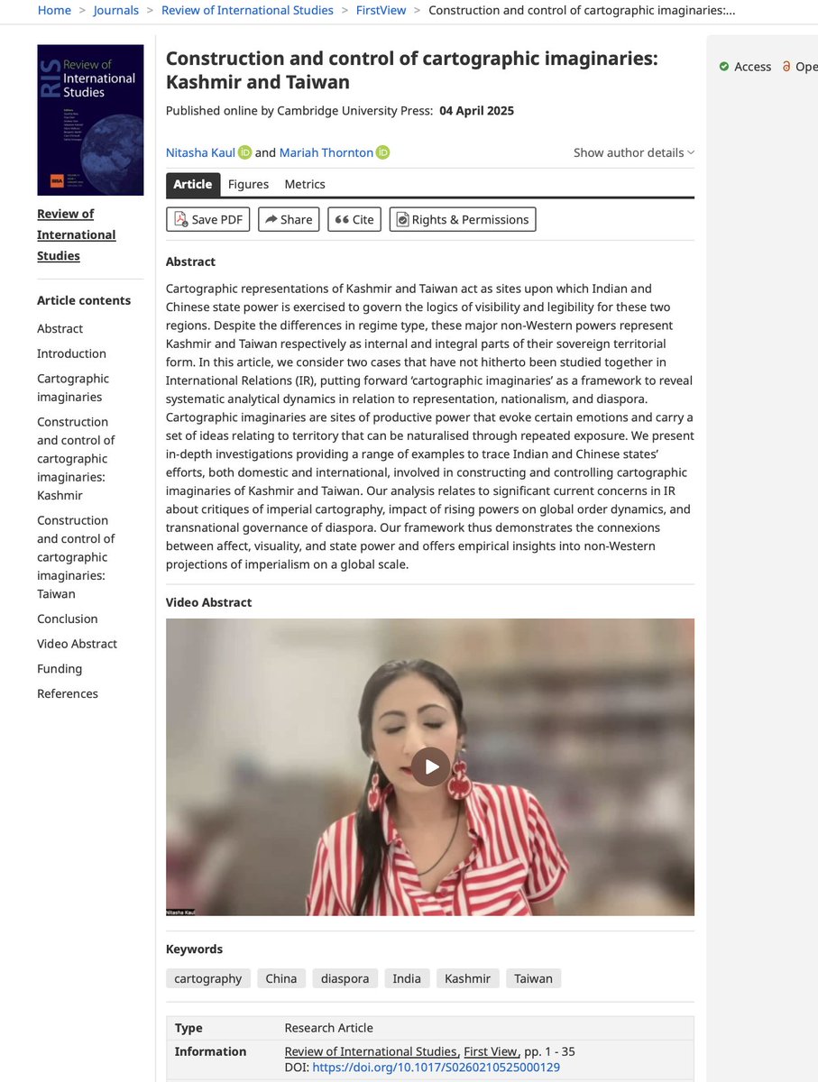 Professor Nitasha Kaul, PhD (@nitashakaul) on Twitter photo 🔥🥰💃🏽
My latest research article (OA) on "Construction and control of cartographic imaginaries: #Kashmir and #Taiwan", coauth w <a href="/mariahtthornton/">Mariah Thornton 宋妍嫵</a>, out in Review of International Studies <a href="/RISjnl/">RIS</a>!
cambridge.org/core/journals/…
#cartography #geopolitics #India #China #maps #IR
<a href="/MYBISA/">BISA - British International Studies Association</a> 🔥🥰💃🏽
My latest research article (OA) on "Construction and control of cartographic imaginaries: #Kashmir and #Taiwan", coauth w <a href="/mariahtthornton/">Mariah Thornton 宋妍嫵</a>, out in Review of International Studies <a href="/RISjnl/">RIS</a>!
cambridge.org/core/journals/…
#cartography #geopolitics #India #China #maps #IR
<a href="/MYBISA/">BISA - British International Studies Association</a>