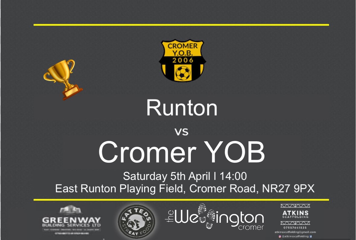 THIS WEEKEND |

After a couple of weeks off, the lads are eager to get back on the pitch and play. A Remy Memorial cup semi final awaits down the road against league leaders Runton. 

All support appreciated 💪🏽

YOB 🟡⚫