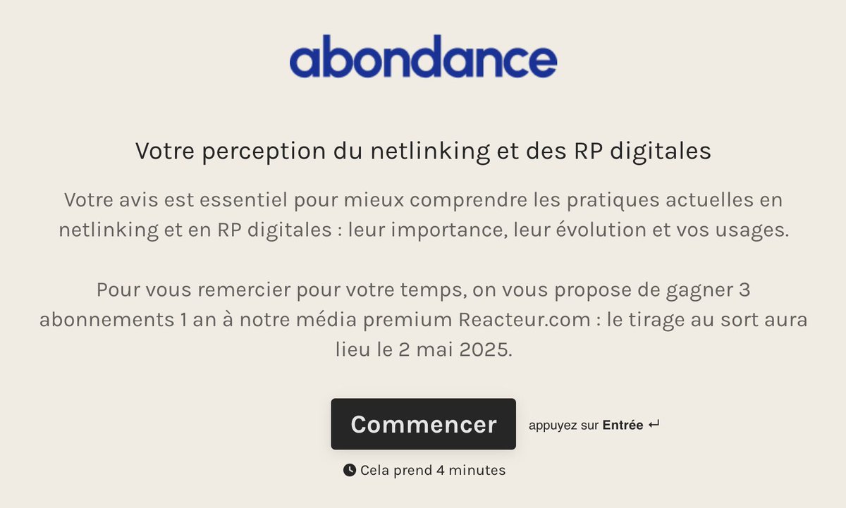 Netlinking et RP digitales, ça vous parle ? Et si vous veniez nous donner votre avis sur la question ? #SEO

Chez Abondance, on lance une grande étude sur le Netlinking et les RP digitales 🕵

C'est par ici pour participer 👉 bit.ly/3E7w1mQ
(3 cadeaux sympas à gagner 🎁)