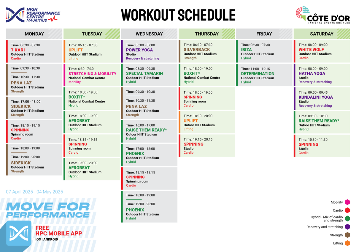 CoteDorSports's tweet photo. 👉 Here’s the workout schedule for April 2025 💪 to keep you powering through your performance journey at Côte d'Or! 
#CoteDorMauritius #Mauritius #Sports #HPCMauritius #MoveForPerformance #Performance #Fitness #Workout https://t.co/sEVVRMtLQm