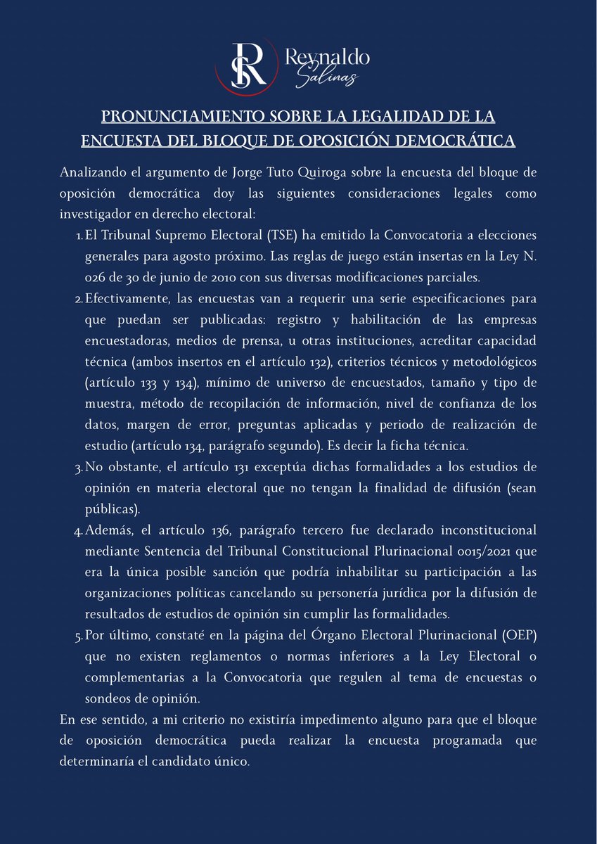 Reynaldo Salinas (@rsalinas_bo) on Twitter photo Mi criterio sobre el argumento de <a href="/tutoquiroga/">Tuto Quiroga</a> acerca de la legalidad de la #encuesta del bloque de #oposición democrática 🇧🇴🗳️ Mi criterio sobre el argumento de <a href="/tutoquiroga/">Tuto Quiroga</a> acerca de la legalidad de la #encuesta del bloque de #oposición democrática 🇧🇴🗳️
