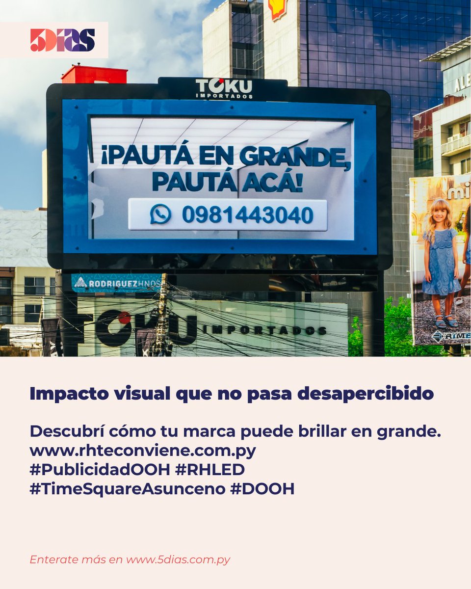 5DiasPy's tweet photo. ¡Llegó la nueva pantalla LED curva de RH!✨📊🎯 
Ubicada en Aviadores y San Martín, con tecnología de punta, colores vibrantes y full métricas para tu marca

Impactá en el nuevo Time Square asunceno

https://t.co/J4KaABRYSV
#PublicidadOOH #RHLED #TimeSquareAsunceno https://t.co/NyoBmJs3e5