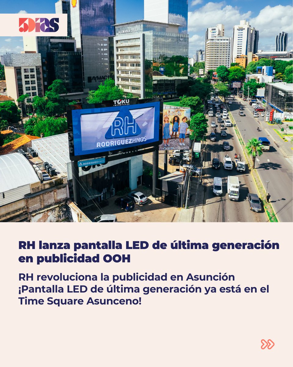 5DiasPy's tweet photo. ¡Llegó la nueva pantalla LED curva de RH!✨📊🎯 
Ubicada en Aviadores y San Martín, con tecnología de punta, colores vibrantes y full métricas para tu marca

Impactá en el nuevo Time Square asunceno

https://t.co/J4KaABRYSV
#PublicidadOOH #RHLED #TimeSquareAsunceno https://t.co/NyoBmJs3e5