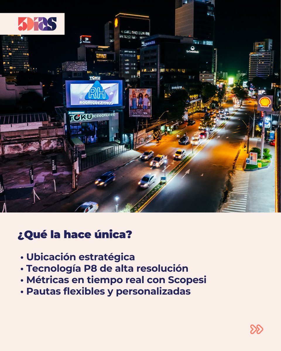 5DiasPy's tweet photo. ¡Llegó la nueva pantalla LED curva de RH!✨📊🎯 
Ubicada en Aviadores y San Martín, con tecnología de punta, colores vibrantes y full métricas para tu marca

Impactá en el nuevo Time Square asunceno

https://t.co/J4KaABRYSV
#PublicidadOOH #RHLED #TimeSquareAsunceno https://t.co/NyoBmJs3e5