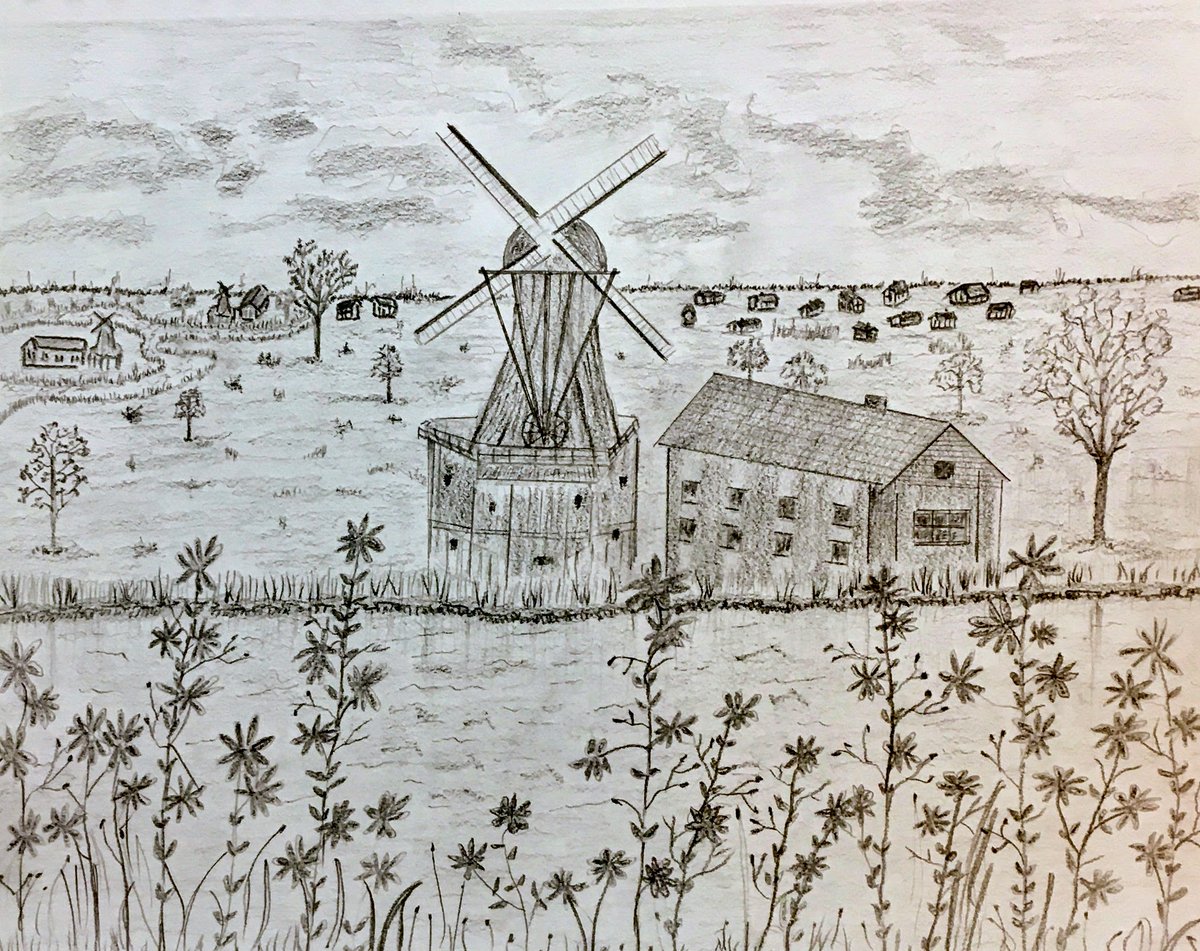 kjk3020's tweet photo. Wind Mills... Pencil Drawing. #windmills #river #houses #trees #flowers #pencilsketch #art https://t.co/k64YiPsMjV