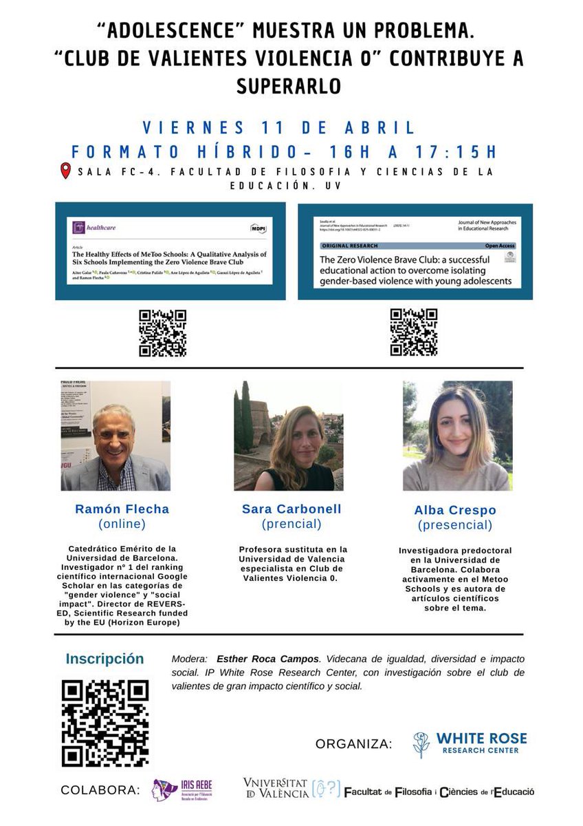 Os invitamos a participar en esta jornada en la que contaremos con las ponencias del Catedrático emérito <a href="/R_Flecha/">Ramón Flecha</a>, <a href="/carbonell_sara/">sara carbonell</a> y <a href="/albacrespolopez/">Alba Crespo</a> para dialogar las soluciones que aporta la ciencia. 
🗓️11 abril- 16 a 17:30h

Inscripción forms.gle/3pdxaF7YqMKZUf…