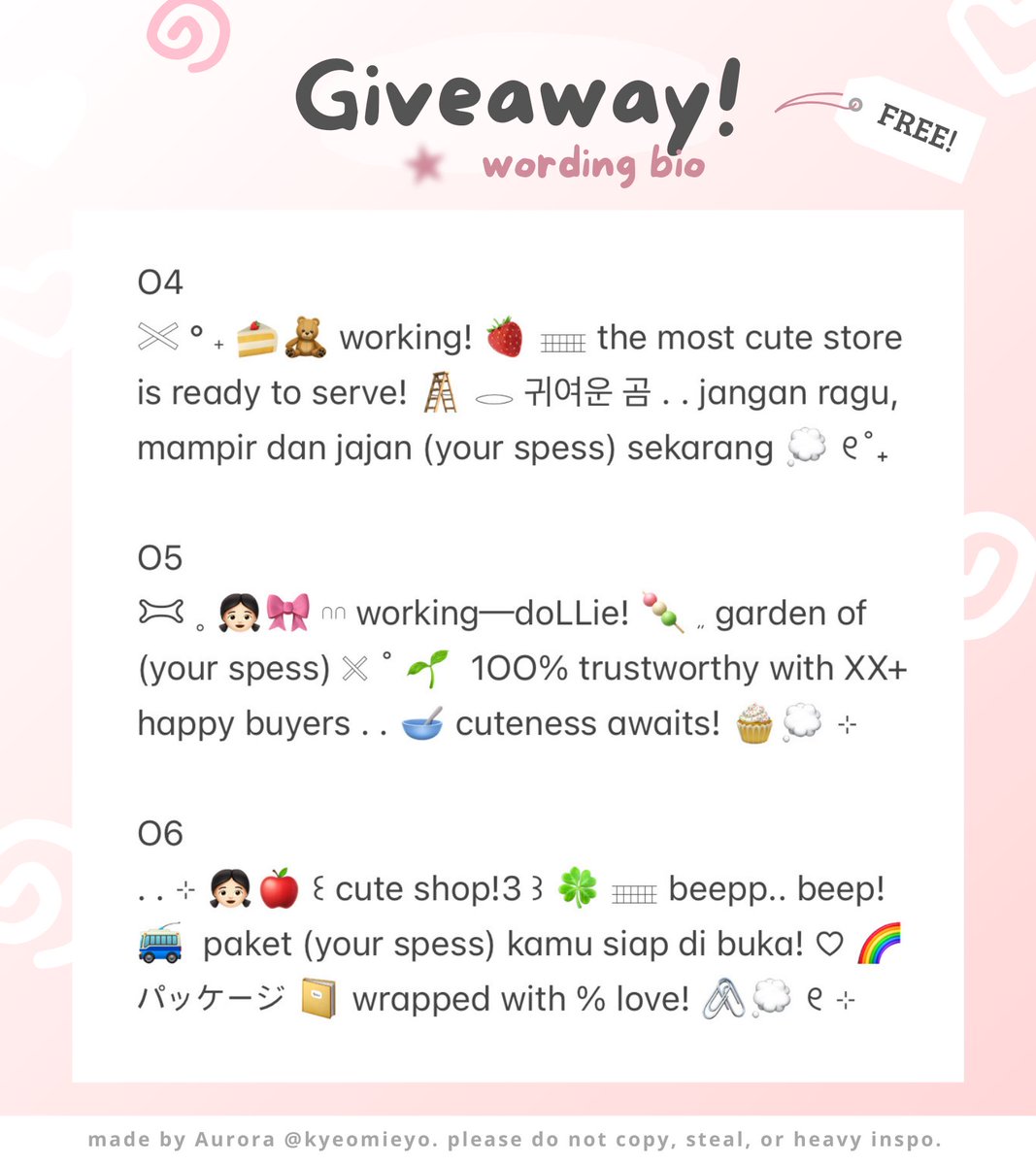 help repost please, thanks! ♡

< giveaway time..! > 🎀🧁 ada 6 wording bio free dari <a href="/7254O/">ivy luna Ი︵𐑼 , arisan 🥭</a> siap dibungkus! yuk bungkus sekarang~ 👧🏻

📎 . . rules :
— repost &amp; follow <a href="/7254O/">ivy luna Ი︵𐑼 , arisan 🥭</a> 
— reply “mau kak” 

#zonauang gratis
