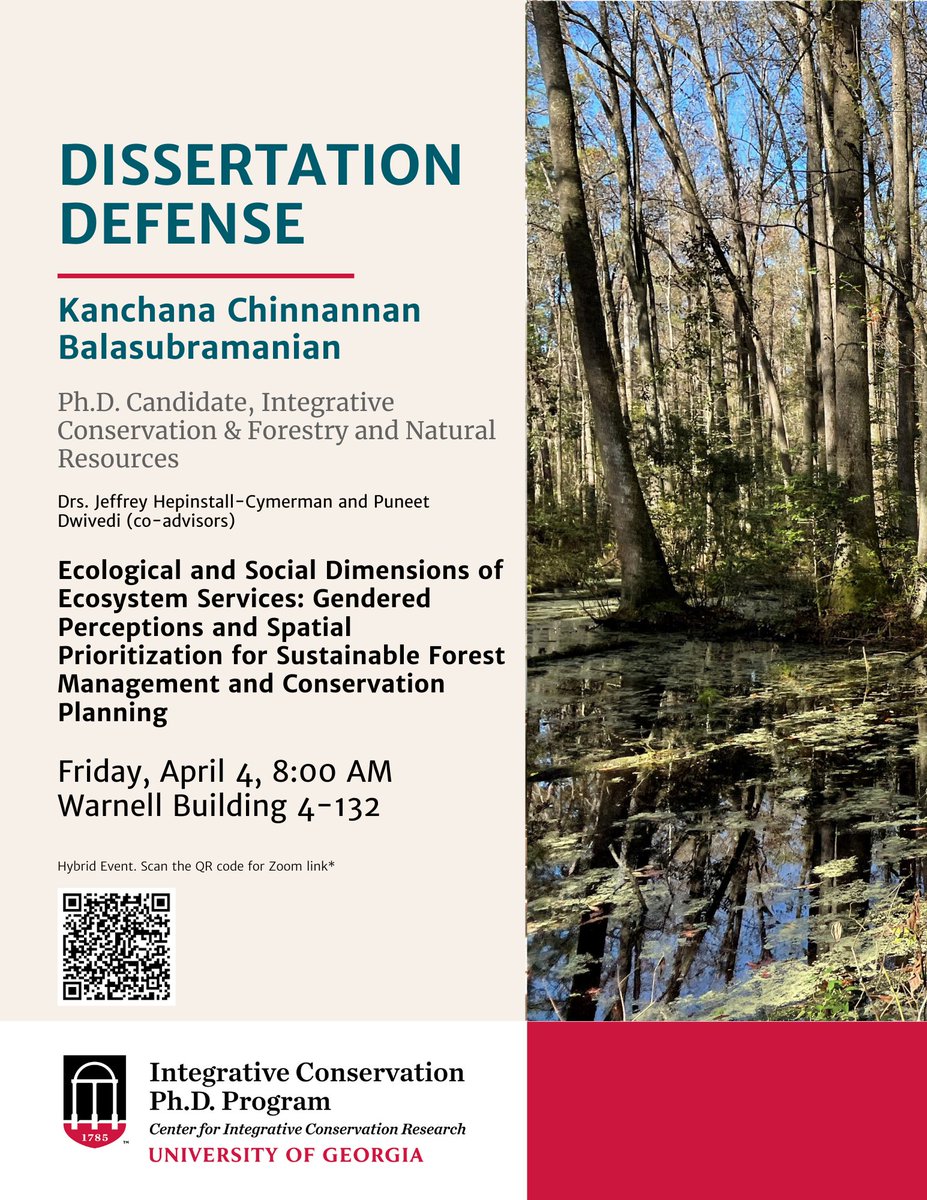 PhD Defense, HAPPENING NOW!
Kanchana Balasubramanian (ICON/Forestry)
Ecological and Social Dimensions of Ecosystem Services: Gendered Perceptions and Spatial Prioritization for Sustainable Forest Management and Conservation Planning
Friday, April 4, 8:00 AM
Warnell Building 4-132