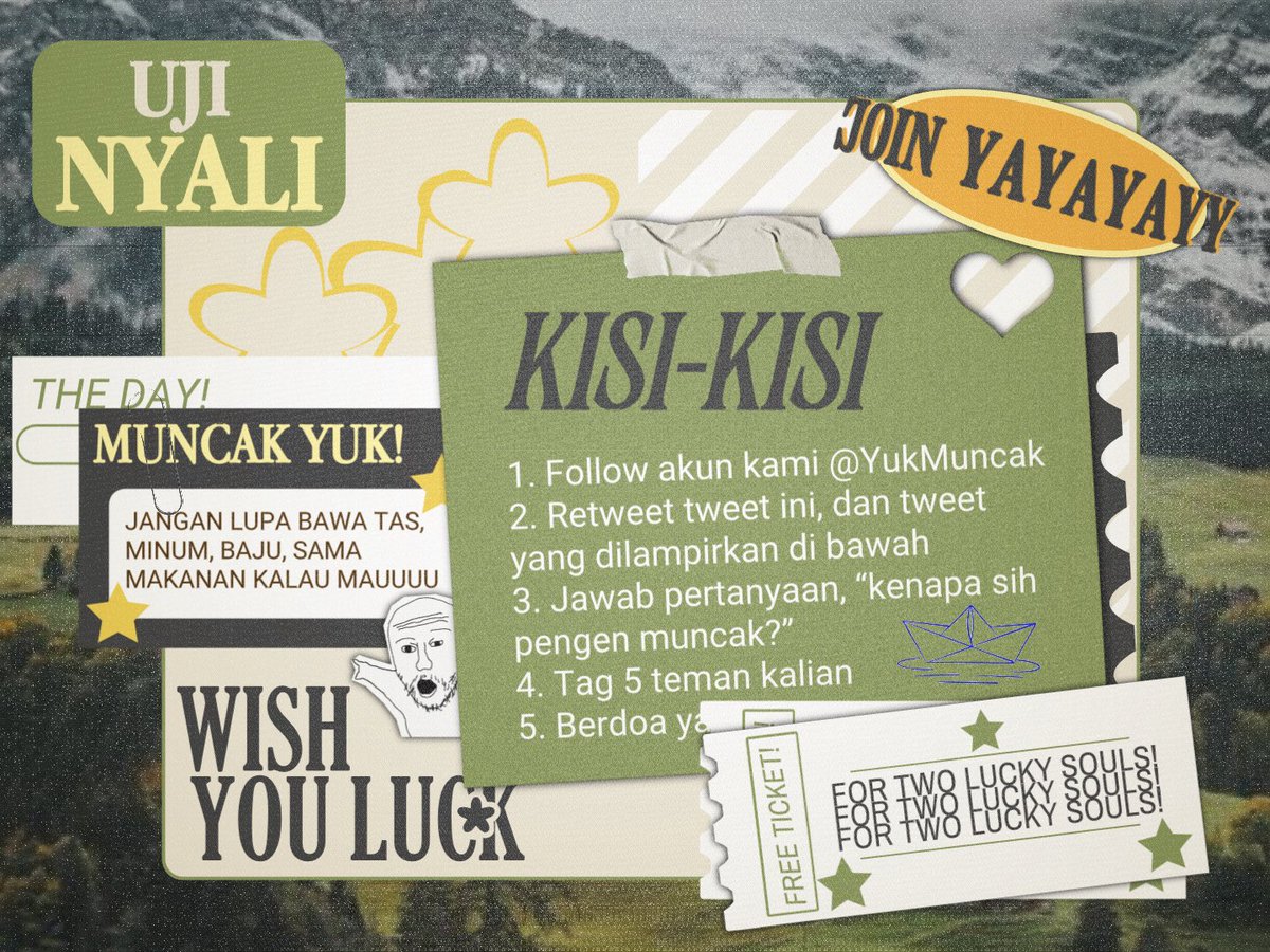 YukMuncak's tweet image. ᅠ
📂 𝗜𝗞𝗨𝗧𝗔𝗡 𝗬𝗨𝗞!

Siapa yang udah nggak sabar buat join tim muncak kita?! Kami membuka 2 SLOT khusus untuk kamu yang berminat masuk ke tim kami sehari sebelum pembukaan biar persiapan packing kalian lebih mantap!

Pst, semuanya boleh ikutan lho!
ᅠ