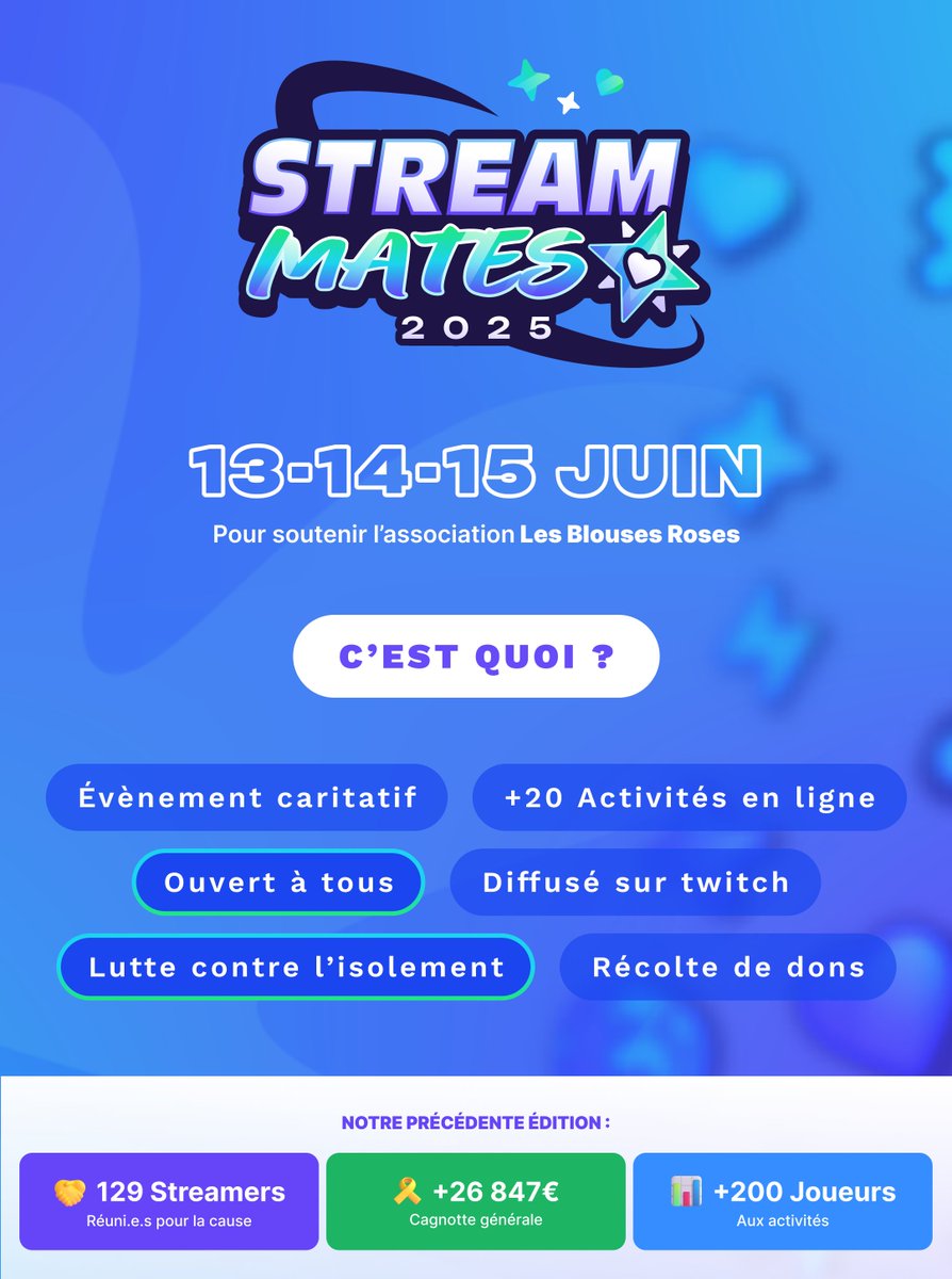 🎮 Viens jouer et participer à notre event caritatif du 13 au 15 juin ! 💜

Que tu viennes pour une soirée ou tout le weekend, chaque participation compte ! 🙌

🔥 Soutiens la cause &amp; amuse-toi avec nous !

📍 Rendez-vous sur StreamMates.fr 🚀
