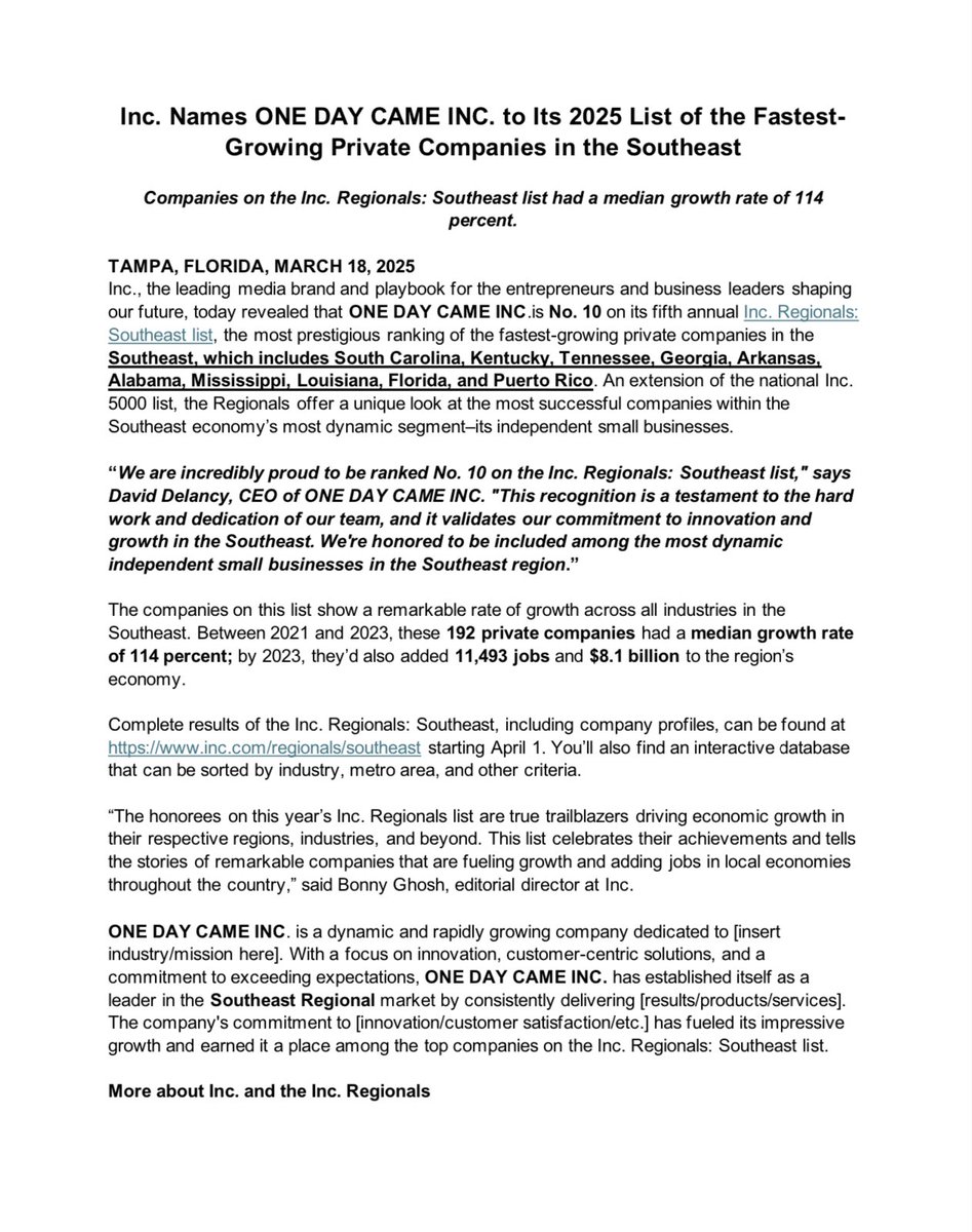 2025 Inc. Regionals 
One Day Came Inc. Ranked No. 10 Small Business for the 2025 <a href="/Inc/">Inc.</a> Southeast Region. We are grateful to Inc. for this recognition. Many thanks to all of our staff for their hard work and dedication in making this possible 🏗️ #Construction