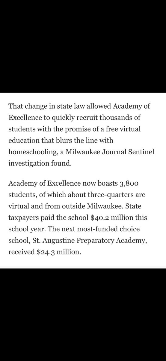kid_riles's tweet photo. Acadamy of Excellence, a Christian indoctrination center, received $40 million in public taxpayer dollars. Three quarters of its students don’t live in Milwaukee, or attend the school. Bonus, the school pays millions to the founders family. 

School vouchers are a scam. https://t.co/fyNz6kzVGq