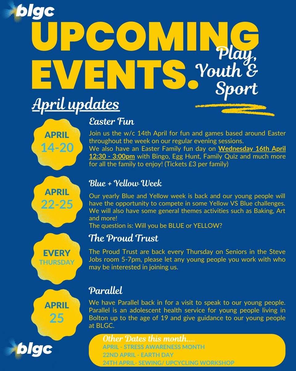 There's lots going on <a href="/BLGCofficial/">BLGC Charity</a> during the month of April with many activities FREE! Young people can sign up in person or via the website here:
blgc.co.uk/become-a-membe…