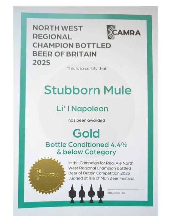 Join us at @stubbornmulebrew tonight when we present Head Brewer Ed with the North West Regional Champion Bottled Beer of Britain Gold Award for Li'l Napoleon in the Bottle Conditioned 4.4% &amp; below Category. Meet 7.30 pm for 8pm presentation.