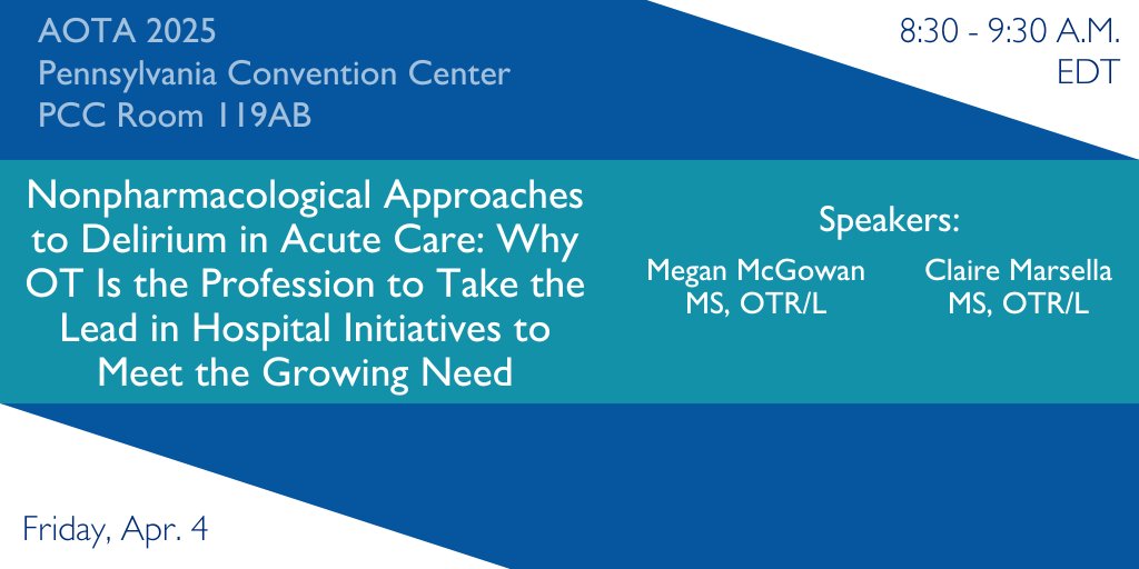 Johns Hopkins PM&R (@rehabhopkins) on Twitter photo Next up at #AOTAINSPIRE25, our experts will discuss why #OT has the unique skill set and perspective to lead hospital changes that address the growing prevalence of hospital-acquired #delirium. #patientcare Next up at #AOTAINSPIRE25, our experts will discuss why #OT has the unique skill set and perspective to lead hospital changes that address the growing prevalence of hospital-acquired #delirium. #patientcare