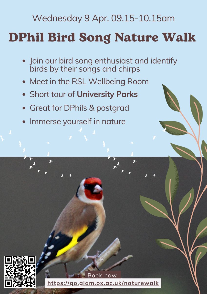 Join us on a gentle nature walk around some of the University Parks. This is a great opportunity for #DPhils to immerse yourself in the tranquil sounds of nature and meet fellow nature enthusiasts.
📅 9 April
🕐 09.15-10.15
🔗 ox-ac.libcal.com/event/4328036