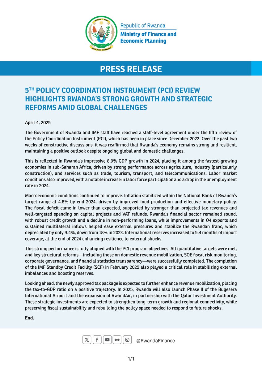 The Government of Rwanda and IMF staff have reached a staff-level agreement under the fifth review of the Policy Coordination Instrument (PCI). Over the past two weeks of constructive discussions, it was reaffirmed that Rwanda’s economy remains strong and resilient, maintaining a