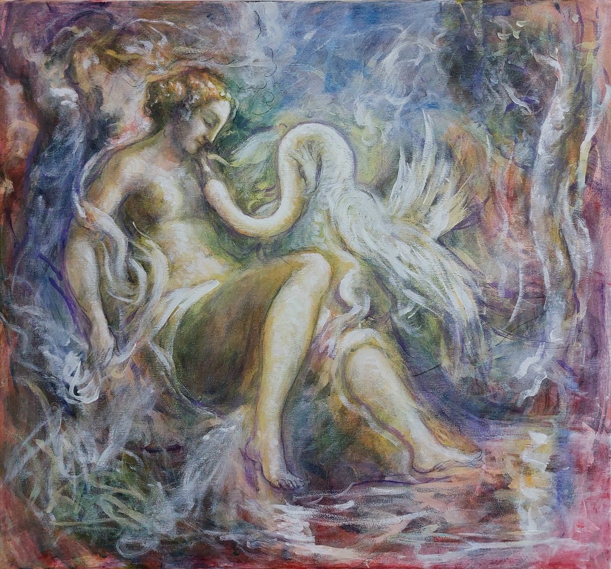 Leda &amp; the swan
(65 x 60cm Acrylic on canvas)