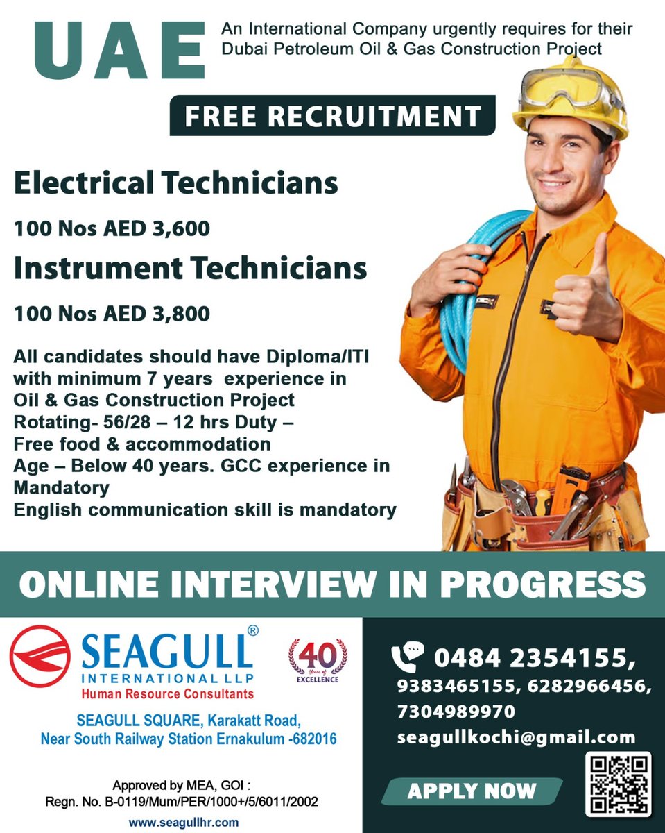 hrd1_seagull's tweet image. 🇦🇪UAE Jobs 
💻Online Interview In Progress
📍Location - Kochi
 .

.

.
 #uaejobs  #seagull  #electricaltechnicians  #instrumenttechnician