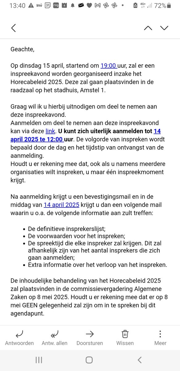 Attentie: inspraakavond Horecabeleid 

Op dinsdag 15 april, startend om 19:00 uur, zal er een inspreekavond worden georganiseerd inzake het Horecabeleid 2025. Deze zal gaan plaatsvinden in de raadzaal op het stadhuis, Amstel 1.