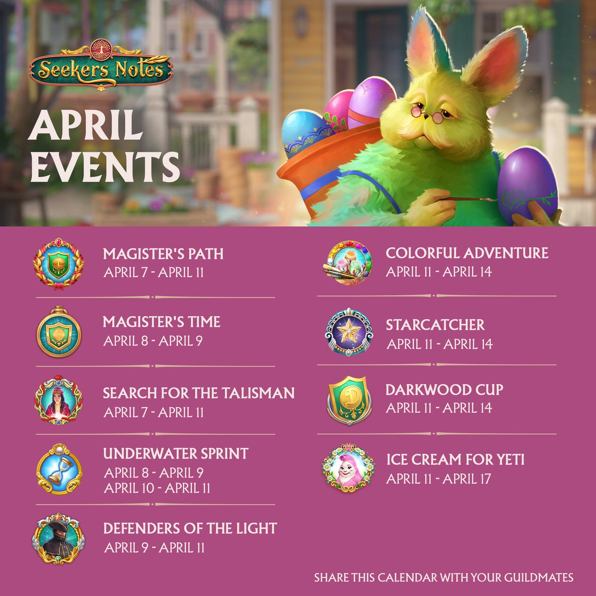 🌻 Get ready, Seekers! The Event Calendar for the upcoming week has arrived! 🤩

We’re excited to bring you a lineup of thrilling adventures in Darkwood. Which event are you most eager to participate in? 🐣