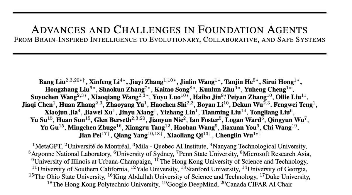 BangL93's tweet image. 🧠264 pages and 1416 references chart the future of Foundation Agents.

Our latest survey dives deep into agents—covering brain-inspired cognition, self-evolution, multi-agents, and AI safety.

Discover the #1 Paper of the Day on Hugging Face👇:

huggingface.co/papers/2504.01…

1/3