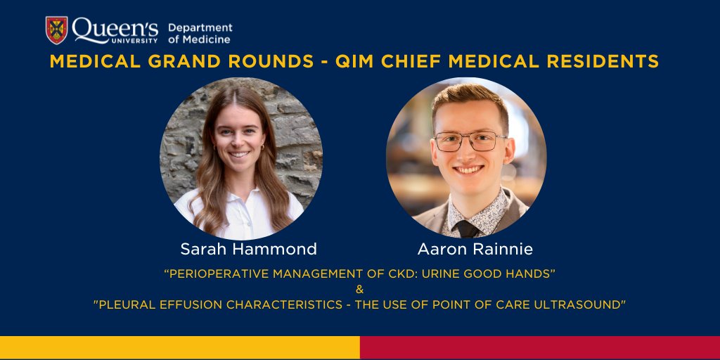 Queen's U Department of Medicine (@queensudom) on Twitter photo #MedicalGrandRounds VIRTUAL ONLY with QIM Chief Residents, Sarah Hammond & Aaron Rainnie. Topics: Perioperative Management of CKD: Urine Good Hands and Pleural Effusion Characteristics - The Use of Point of Care Ultrasound๐๏ธThurs, April 10 7:45AM.๐ปmegan.sands@queensu.ca to join. #MedicalGrandRounds VIRTUAL ONLY with QIM Chief Residents, Sarah Hammond & Aaron Rainnie. Topics: Perioperative Management of CKD: Urine Good Hands and Pleural Effusion Characteristics - The Use of Point of Care Ultrasound๐๏ธThurs, April 10 7:45AM.๐ปmegan.sands@queensu.ca to join.
