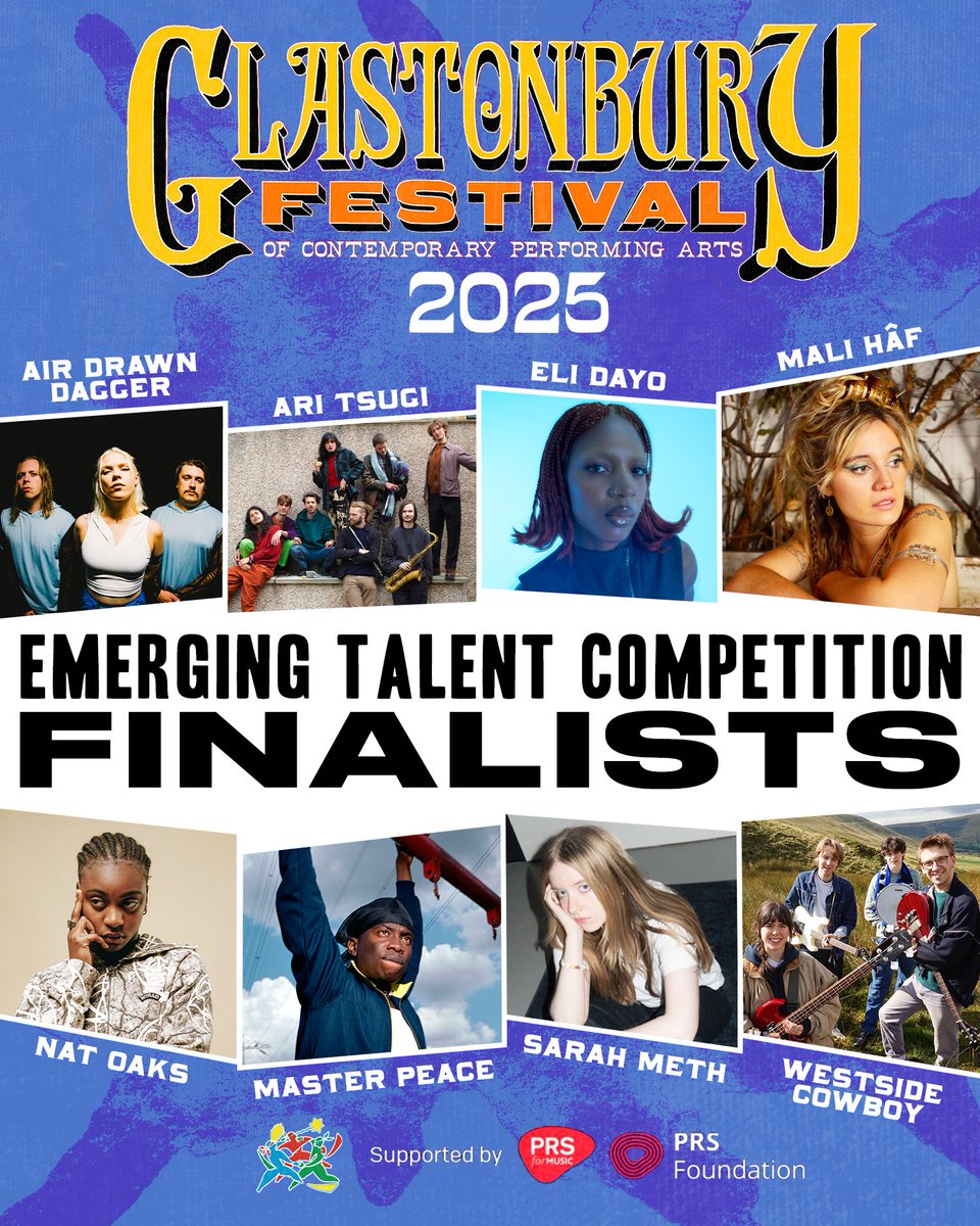 Glastonbury Festival (@glastonbury) on Twitter photo Weâre very pleased to reveal the 8 finalists for our 2025 Emerging Talent Competition: <a href="/AirDrawnDagger_/">Air Drawn Dagger</a>, Ari Tsugi, Eli Dayo, <a href="/mali_haf/">Mali Hâf</a>, Nat Oaks, <a href="/MasterPeaceLDN/">Master Peace</a>, Sarah Meth & <a href="/westsidecowboyy/">westsidecowboy</a>
Listen to them here! glastonburyfestivals.co.uk/news/finalistsâŚ
The winners chosen at the live finals Weâre very pleased to reveal the 8 finalists for our 2025 Emerging Talent Competition: <a href="/AirDrawnDagger_/">Air Drawn Dagger</a>, Ari Tsugi, Eli Dayo, <a href="/mali_haf/">Mali Hâf</a>, Nat Oaks, <a href="/MasterPeaceLDN/">Master Peace</a>, Sarah Meth & <a href="/westsidecowboyy/">westsidecowboy</a>
Listen to them here! glastonburyfestivals.co.uk/news/finalistsâŚ
The winners chosen at the live finals