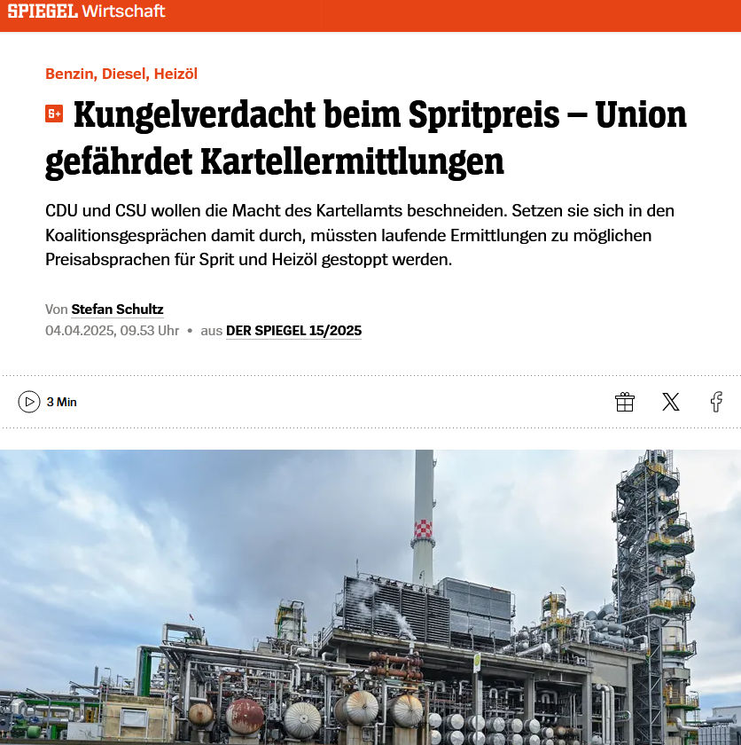 ChrisStoecker's tweet image. Wenn die Union wirklich im Auftrag der Fossilbranchen die Macht des Kartellamts einschränken will, damit mögliche Preisabsprachen nicht weiter untersucht werden, ist das ein Skandal, und zwar gleich doppelt. spiegel.de/wirtschaft/ben…