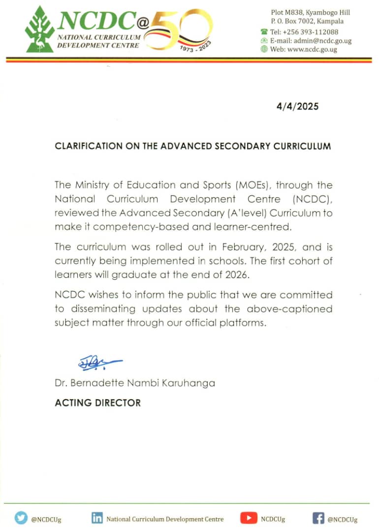 The new A'level curriculum was rolled out in February 2025 and it's first cohort graduates in 2026. It's not been suspended as some have reported. <a href="/NCDCUg/">National Curriculum Development Centre</a> <a href="/Educ_SportsUg/">Ministry of Education and Sports - Uganda</a> <a href="/UNEB_UG/">Uganda National Examinations Board</a> <a href="/UgandaMediaCent/">Uganda Media Centre</a> <a href="/GovUganda/">Government of Uganda</a> <a href="/OfwonoOpondo/">Ofwono Opondo P'Odel</a> <a href="/kyobesarah/">Kyobe Sarah. N</a>