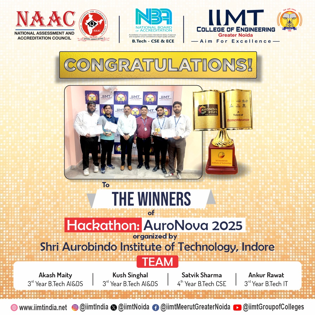 iimtnoida's tweet image. We are thrilled to extend our heartiest congratulations to the brilliant minds who emerged victorious at AuroNova 2025, a prestigious national-level Hackathon that brought together the brightest tech innovators and problem solvers from across the country!
#CodeToCreate