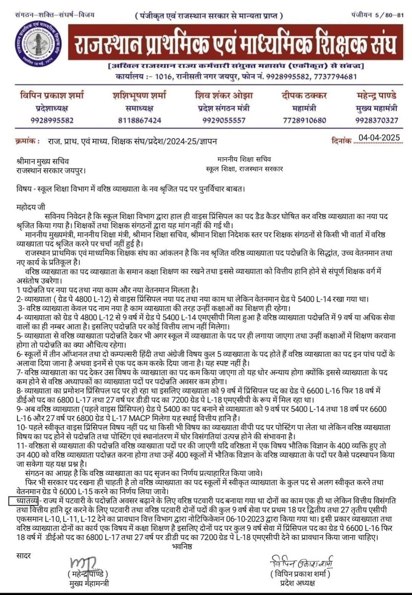 स्कूल शिक्षा में वरिष्ठ व्याख्याता के नव पद सृजन को लेकर शिक्षकों में आक्रोश,नव पद सृजन पर किया जाए पुनर्विचार अन्यथा ग्रेड पे 6000 (L-15) का पद स्वीकृत किया जाए - राजस्थान प्राथमिक एवं माध्यमिक शिक्षक संघ