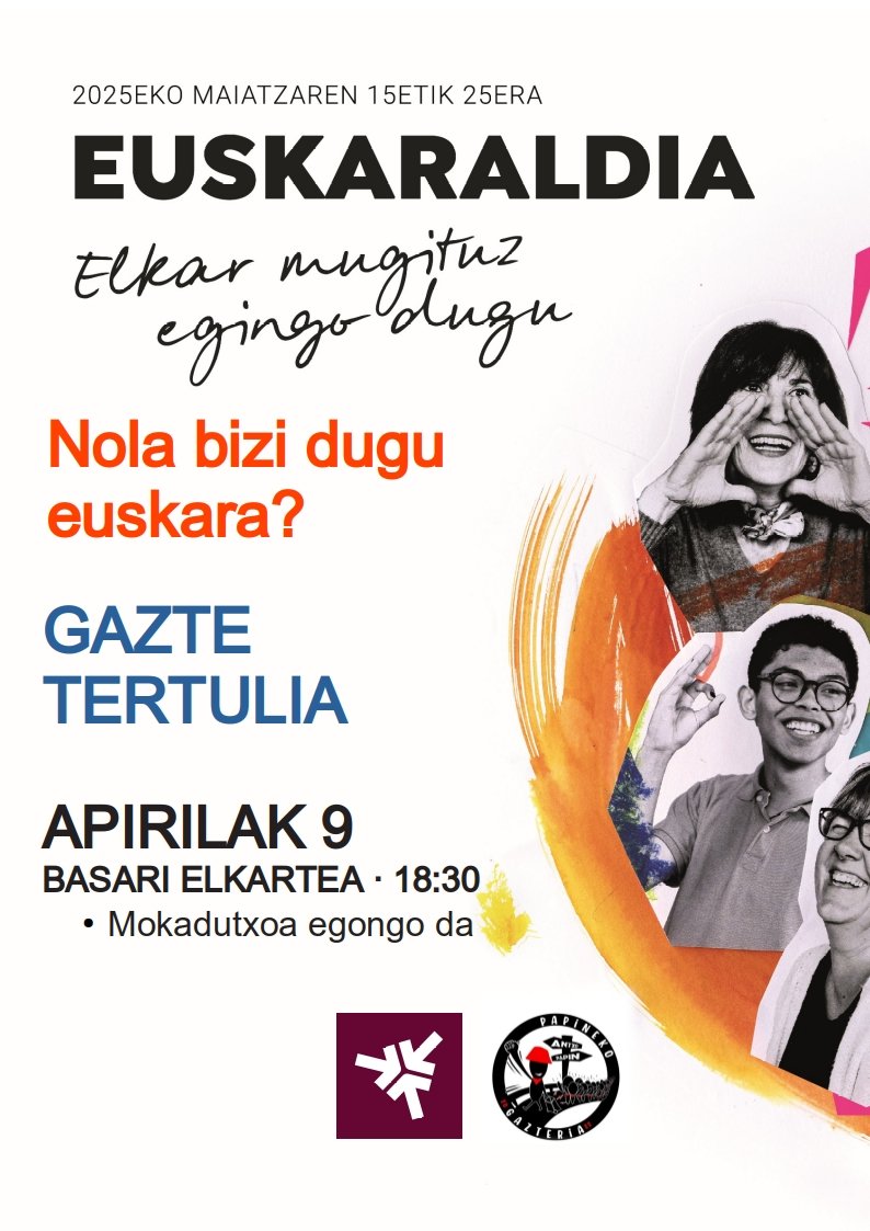 EPasaia's tweet photo. Nola bizi dugu gazteok euskara?
#Gazte Tertulia datorren asteazkenean Pasai Antxon. Gorde hitzordua: apirilaren 9an, 18:30ean, Basari elkartean
@antxotopagunea
#papinekogazteria
@euskaraldia https://t.co/wx8pen35pq