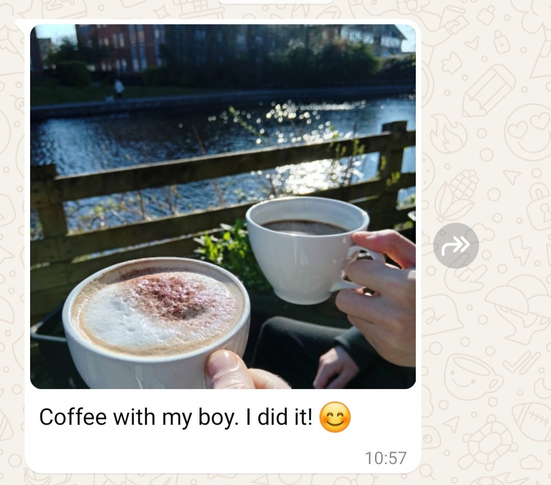 My client's goal was to take her son out for coffee- after being unable to leave the house for 5 years.  After months of work, today I received this. I couldn't be prouder.