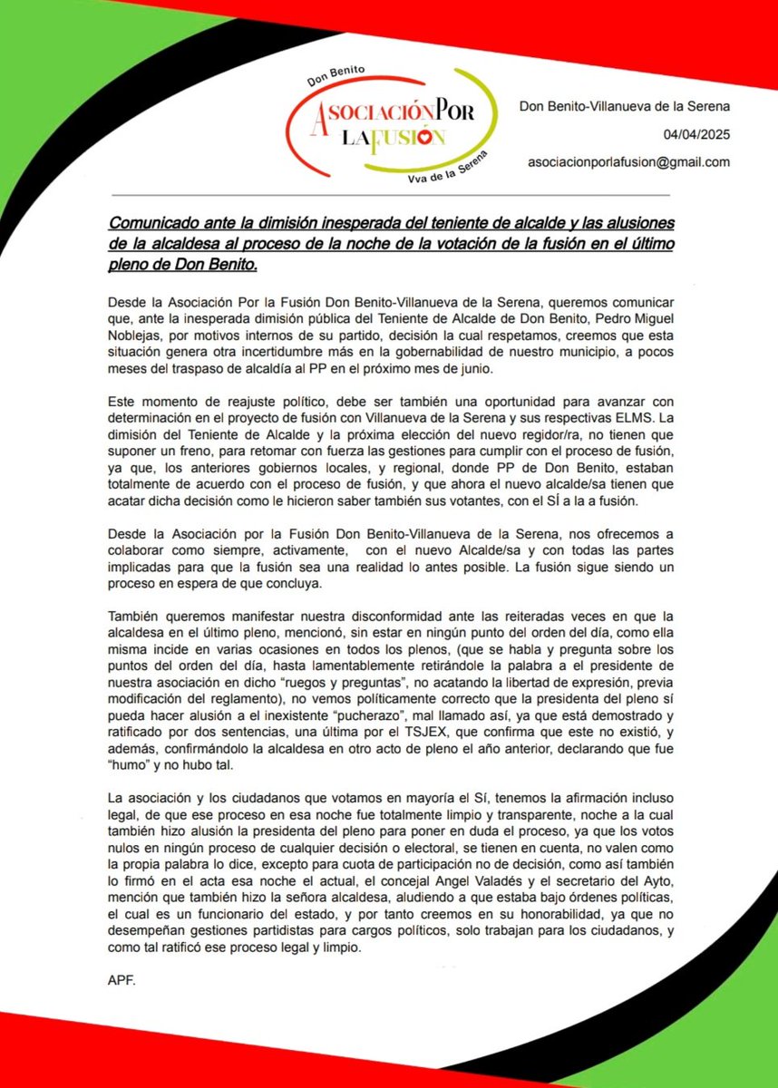 Comunicado ante la dimisión inesperada del teniente de alcalde y las alusiones de la alcaldesa al proceso de la noche de la votación de la fusión en el último pleno de Don Benito.