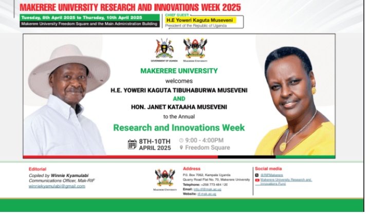 H.E. President Museveni &amp; First Lady Janet Museveni will attend Makerere’s Research &amp; Innovations Week 2025! Expect cutting-edge projects in health, ICT, agriculture &amp; more. Don’t miss out! #MakRIF 
#ResearchNews