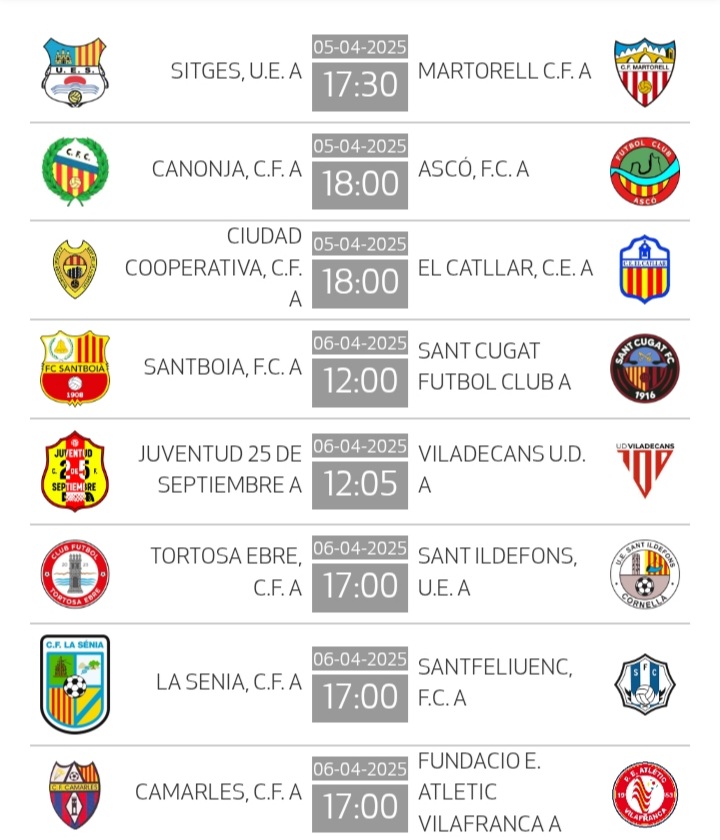 1aCatalanaG2 (@1acatalanag2) on Twitter photo Partits i horaris jornada 25 #1Cat3 grup molt igualat <a href="/fcooperativa1/">C.F. Ciudad Cooperativa</a> vs <a href="/CE_ElCatllar/">El Catllar</a> partit per ascens <a href="/uesitges/">U.E. Sitges</a> vs <a href="/cfmartorell/">CF Martorell</a> apurant opcions <a href="/FClubSantboia/">Futbol Club Santboià</a> vs <a href="/SantCugatFC/">Sant Cugat FC</a> volen tranquil·litat <a href="/Juv25/">CF Juv 25 Septiembre</a> vs <a href="/UD_Viladecans/">UD Viladecans</a> #1aCatalanaG3 #futbolcat en estat pur 💪💪💪#fcf Partits i horaris jornada 25 #1Cat3 grup molt igualat <a href="/fcooperativa1/">C.F. Ciudad Cooperativa</a> vs <a href="/CE_ElCatllar/">El Catllar</a> partit per ascens <a href="/uesitges/">U.E. Sitges</a> vs <a href="/cfmartorell/">CF Martorell</a> apurant opcions <a href="/FClubSantboia/">Futbol Club Santboià</a> vs <a href="/SantCugatFC/">Sant Cugat FC</a> volen tranquil·litat <a href="/Juv25/">CF Juv 25 Septiembre</a> vs <a href="/UD_Viladecans/">UD Viladecans</a> #1aCatalanaG3 #futbolcat en estat pur 💪💪💪#fcf