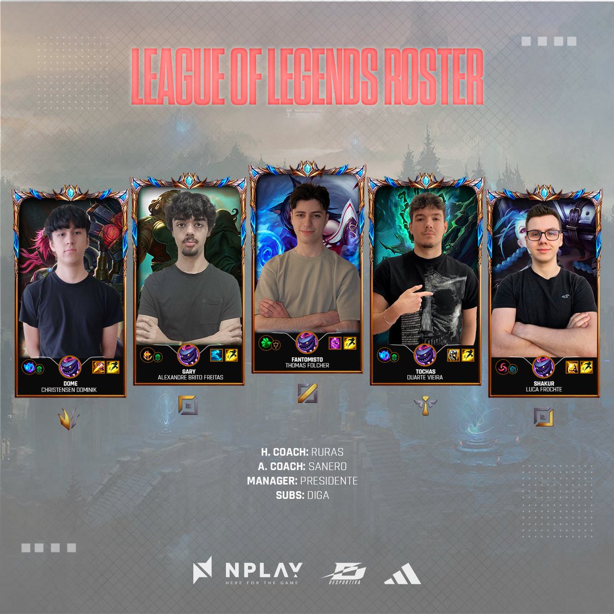 A Spring Split está a chegar e aqui está a divisão de League Of Legends que irá representar o nosso clube  na <a href="/lplol_pt/">LPLOL</a>  🏆🌷

Line Up:
⚔️ Alexandre “Gary”  Brito Freitas
🌿 Christensen “Dome”  Evan Dominik
🧙 Thomas ”Fantomisto” Folcher
🔫 Luca “Shakur” Frochte
🛡️ Duarte