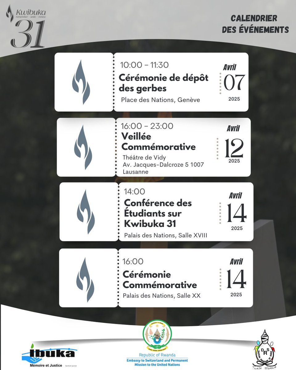 #Kwibuka31: Commemorative activities will begin on Monday 7 April 2025 to mark the 31st Commemoration of the 1994 Genocide against the Tutsi in Rwanda, under the theme "Remember–Unite–Renew."

Join us to honor victims, support survivors, and uphold our shared global