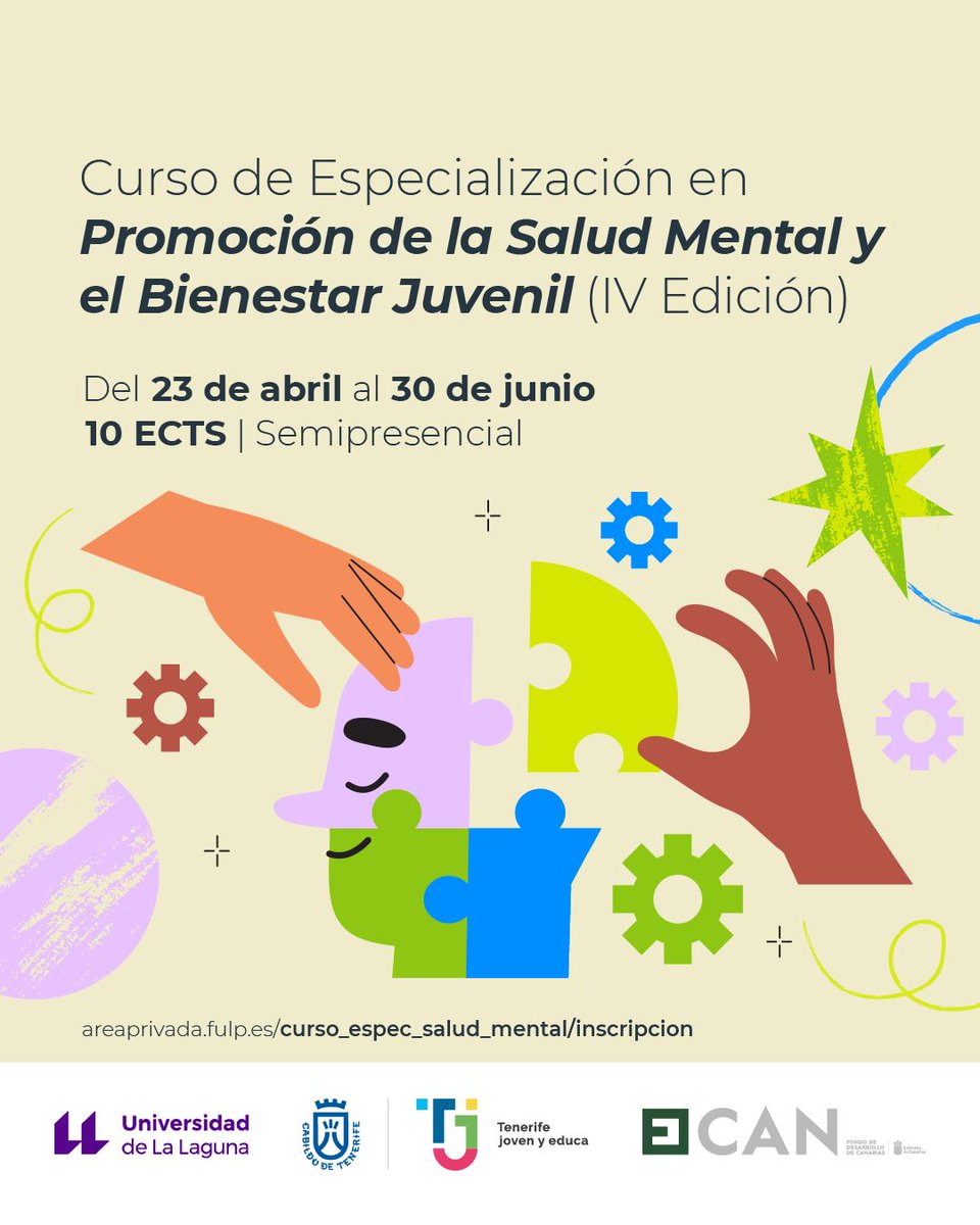 📌 Preinscripción abierta hasta el 20 de abril de 2025

📍 Modalidad:
✅ 5 sesiones presenciales (20h): 23 y 30 de abril, 21 y 28 de mayo, 26 de junio (16:00-20:00)
✅ 80 horas de formación online a través del campus virtual de la FULP

+info👉 tenerifejovenyeduca.com/.../curso-de..…