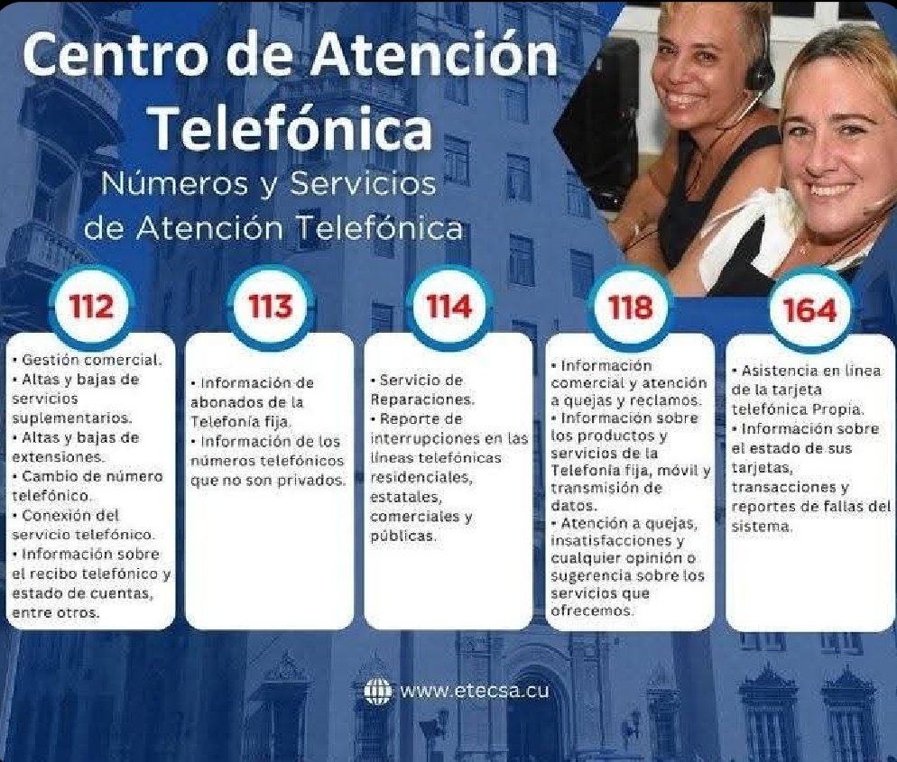 guillermot25's tweet photo. 📣¡Recuerda! 
👉🏼A través de los números de nuestros Centros de Atención Telefónica, puedes recibir asistencia y realizar trámites sin necesidad de visitar una Unidad Comercial. 
¡Infórmate sobre la utilidad de cada servicio que ofrecemos! #EtecsaConCuba https://t.co/XLWqqDTUAX